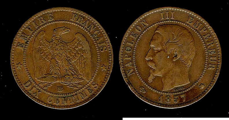 Dix centimes Napoléon III, tête nue 1857 Strasbourg TB+ à TTB